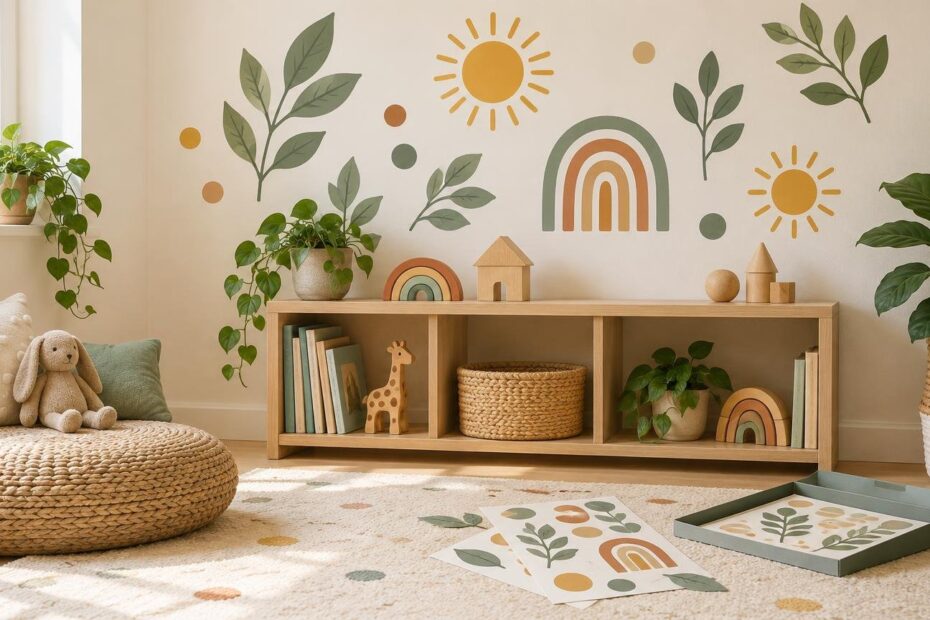 Softly lit children’s playroom corner with botanical, rainbow, sun and dot wall decals above a low wooden bookcase, surrounded by houseplants, books, a plush rabbit, wooden toys and loose decal sheets on a rug.